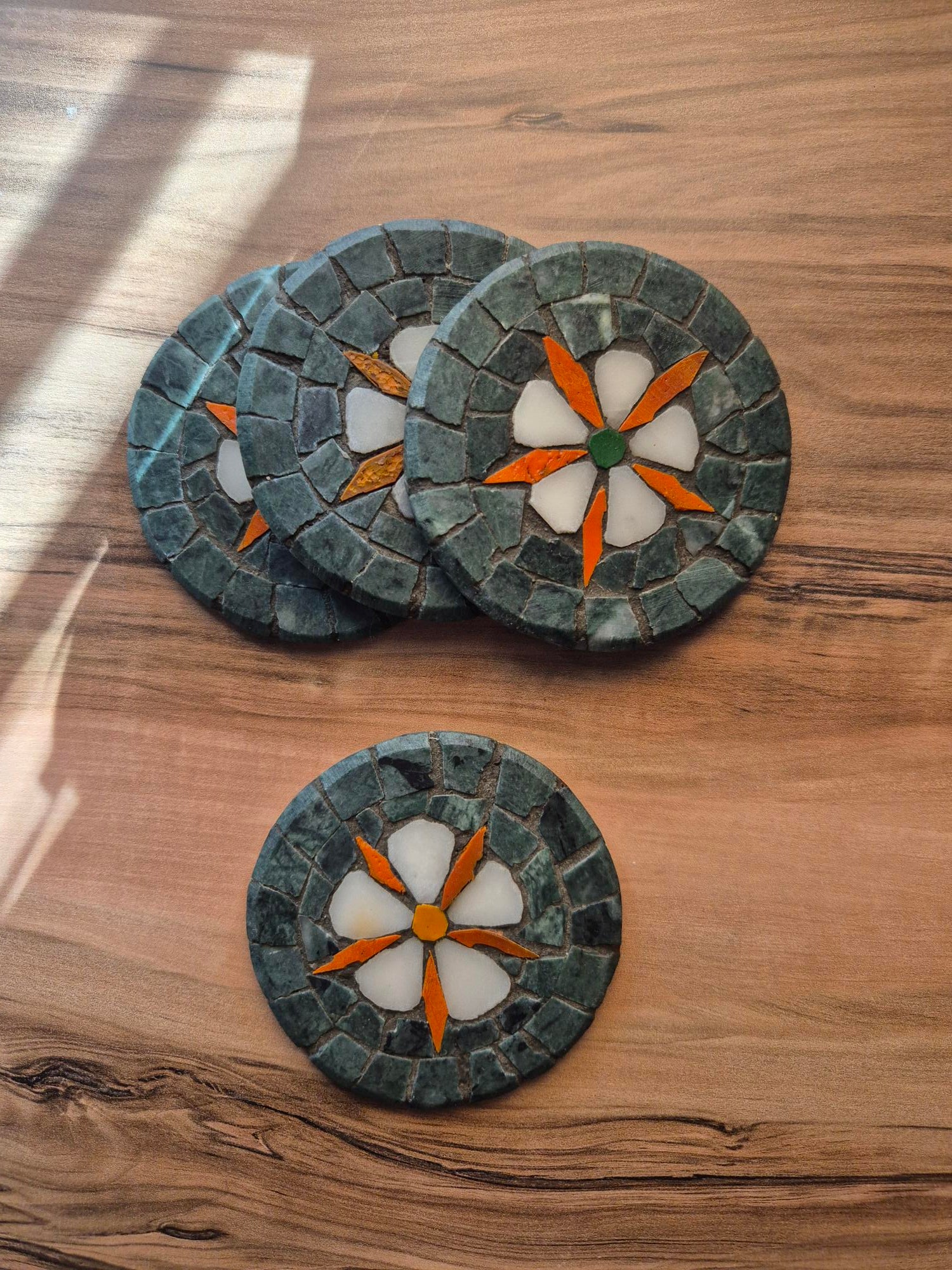Set of 4 Handmade Coasters – Marble Coaster Set with Mosaic Artwork